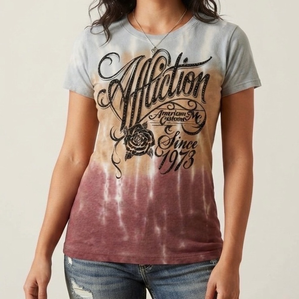 Affliction American Customs Tie Dye Graphic T-Shirt Rhinestone Rose Grunge S